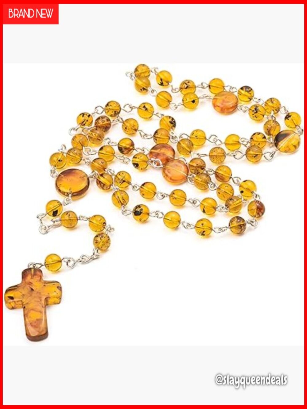 Natural Baltic Amber Bead Christian Rosary Necklace with Sterling Silver